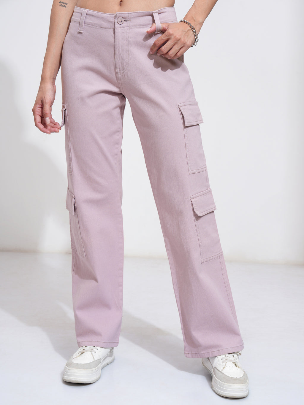 Tokyo Talkies Women Purple Solid Regular Fit Cargos - Purple - Image 1