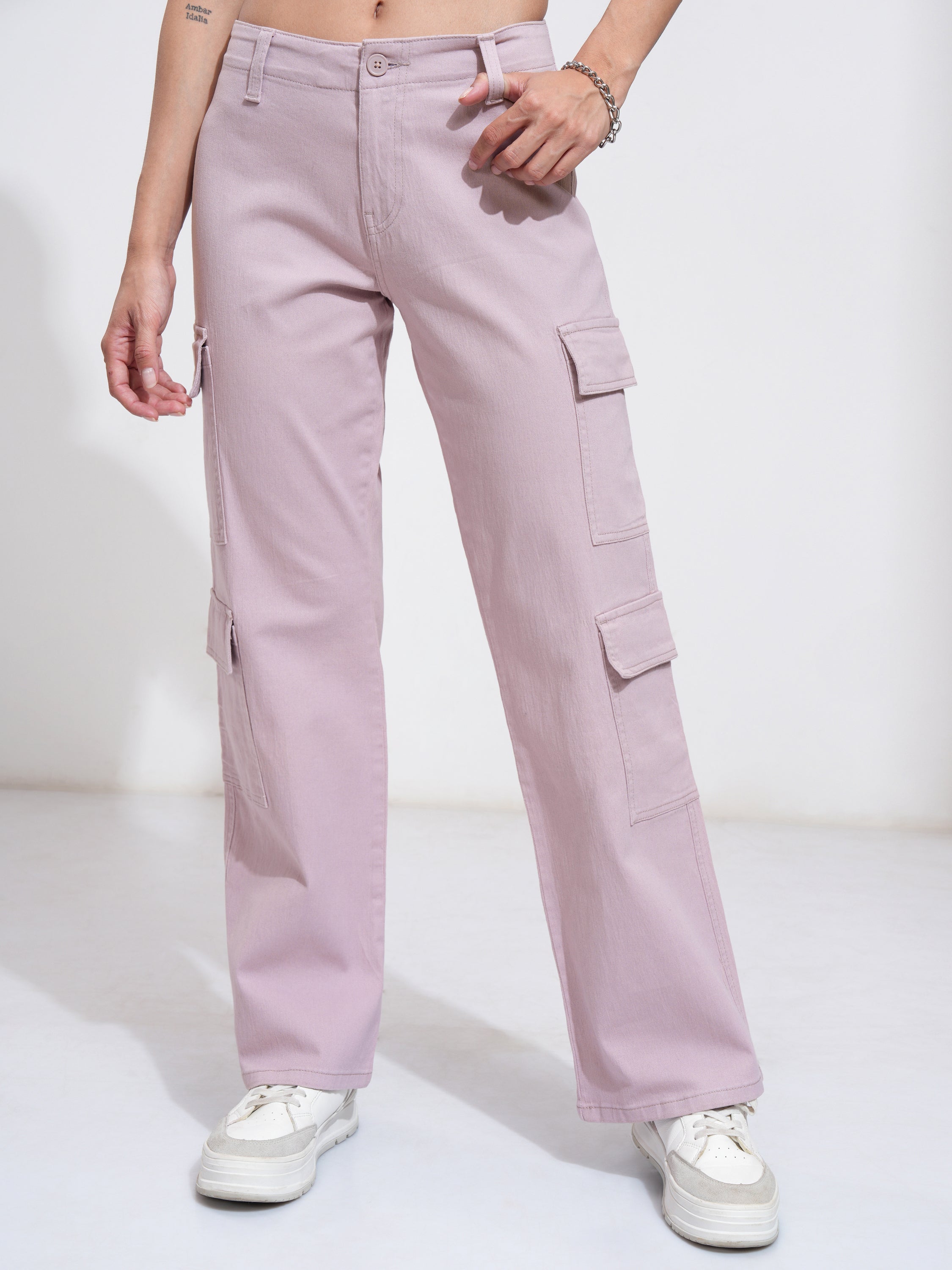 Tokyo Talkies Women Purple Solid Regular Fit Cargos - Purple - Image 1