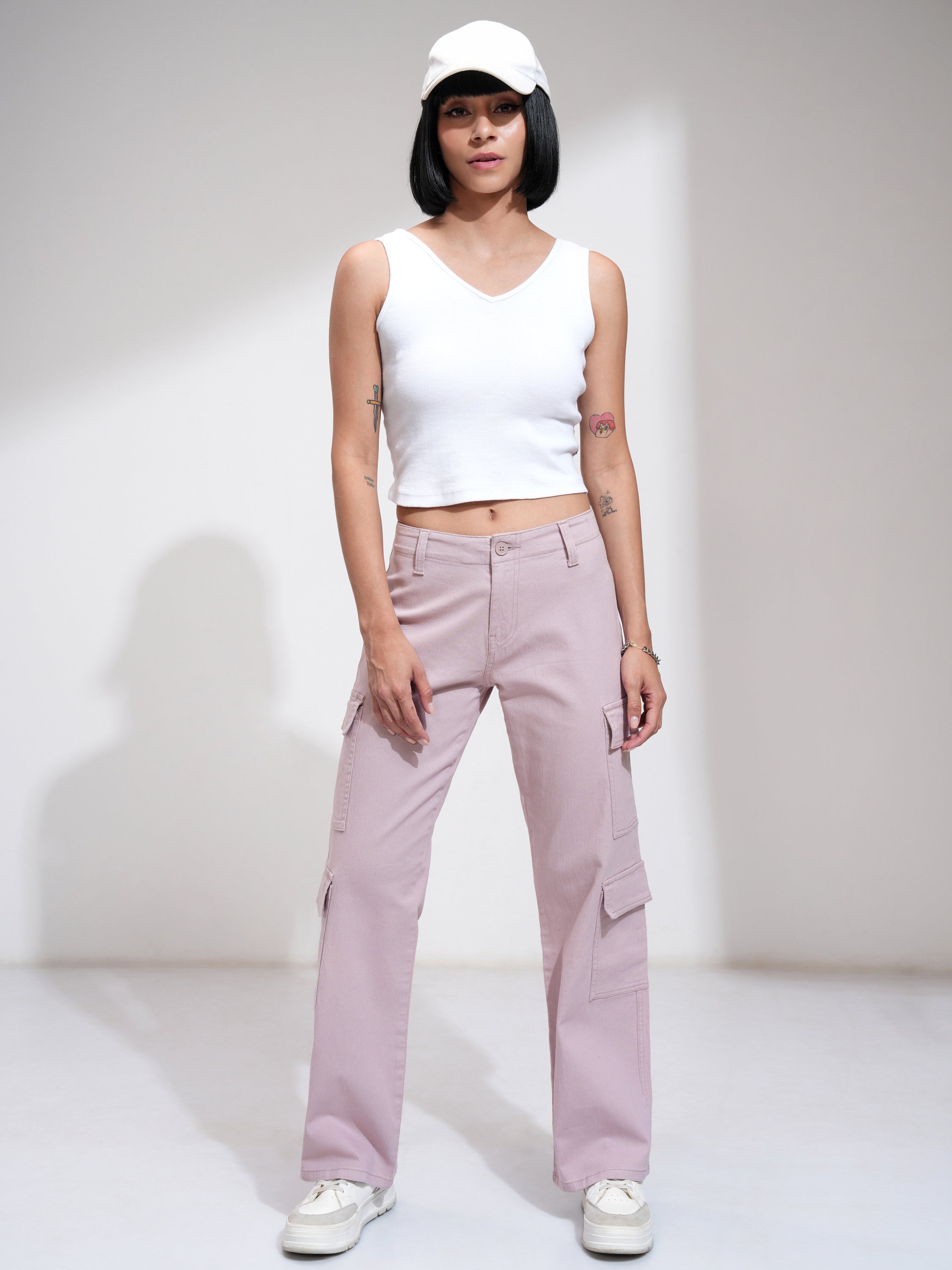 Tokyo Talkies Women Purple Solid Regular Fit Cargos - Purple - Image 2
