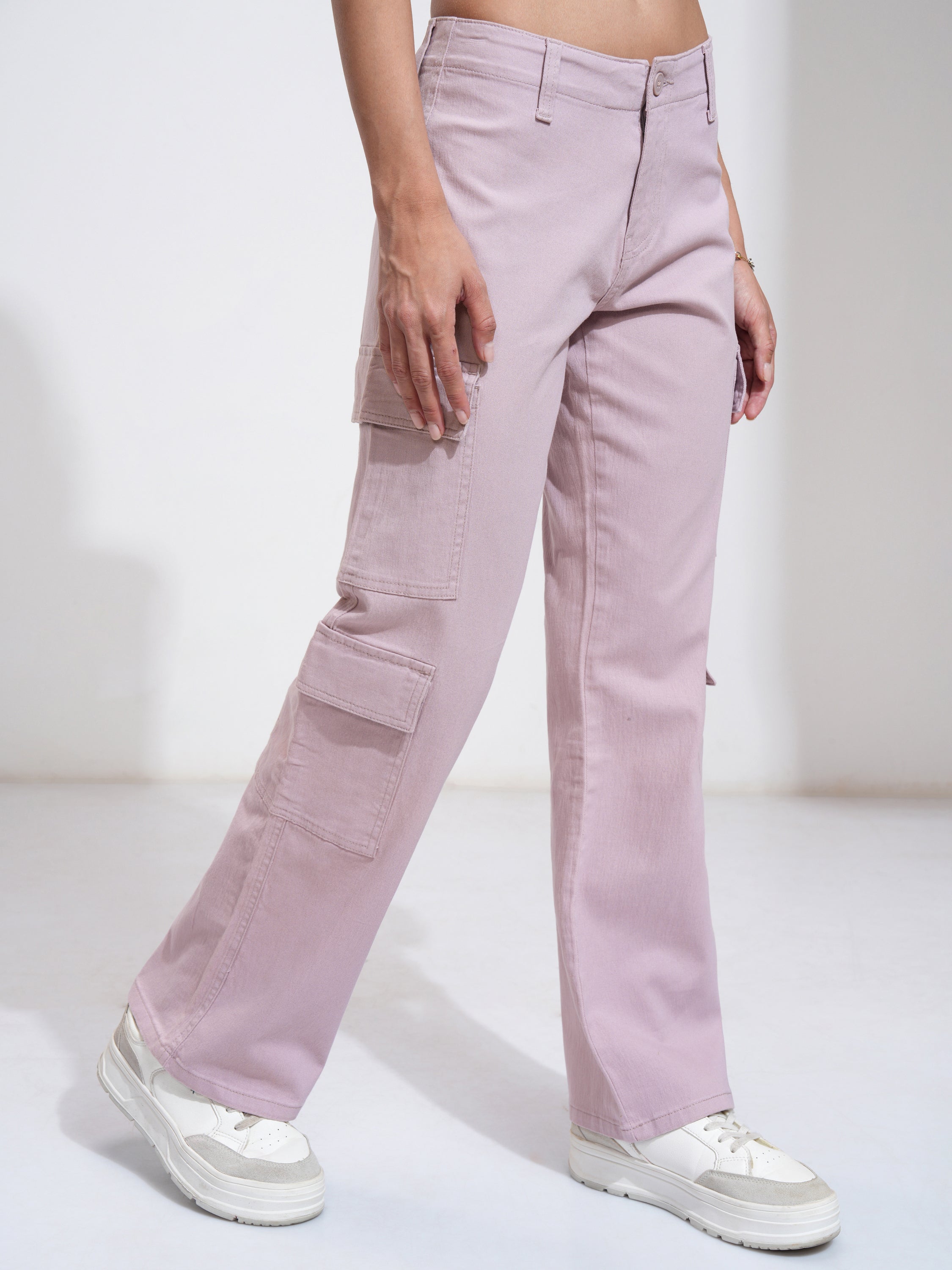 Tokyo Talkies Women Purple Solid Regular Fit Cargos - Purple - Image 6