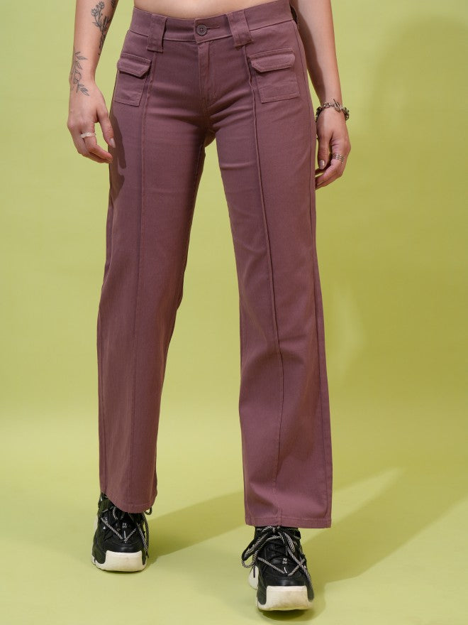 Tokyo Talkies Women Rose Solid Straight Fit Casual Trousers - Rose - Image 1