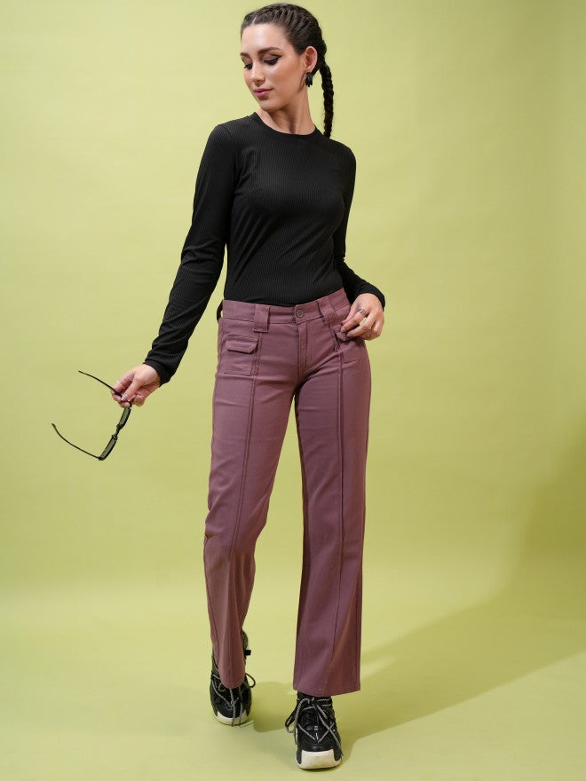 Tokyo Talkies Women Rose Solid Straight Fit Casual Trousers - Rose - Image 2
