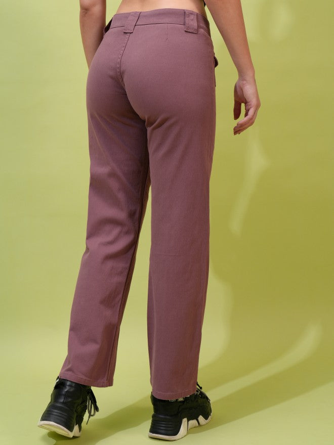 Tokyo Talkies Women Rose Solid Straight Fit Casual Trousers - Rose - Image 3