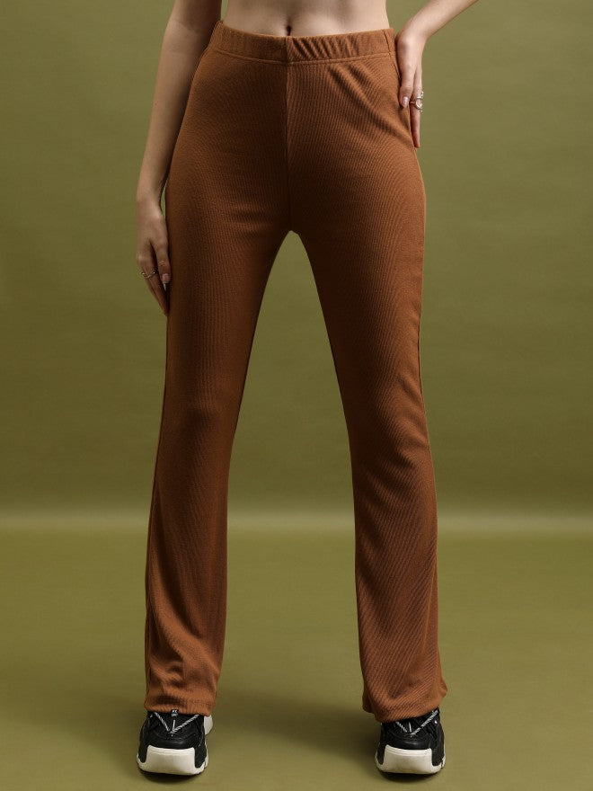 Tokyo Talkies Women Brown Solid Flared Bootcut Trousers - Brown - Image 1