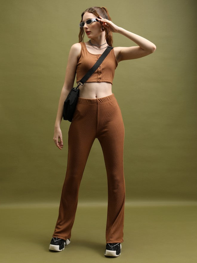 Tokyo Talkies Women Brown Solid Flared Bootcut Trousers - Brown - Image 2