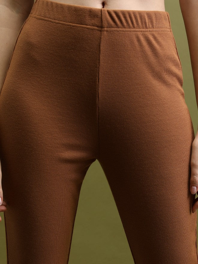 Tokyo Talkies Women Brown Solid Flared Bootcut Trousers - Brown - Image 5