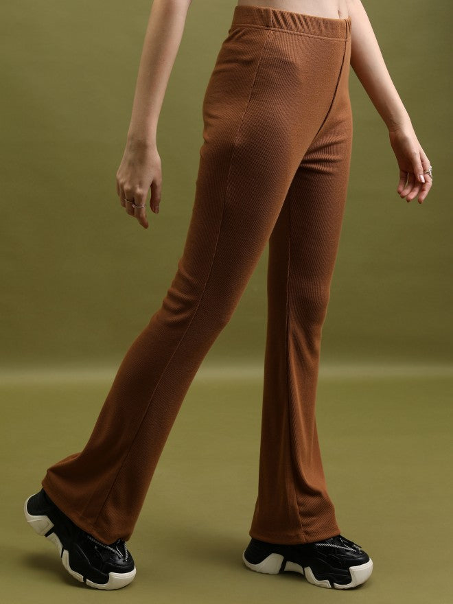 Tokyo Talkies Women Brown Solid Flared Bootcut Trousers - Brown - Image 6