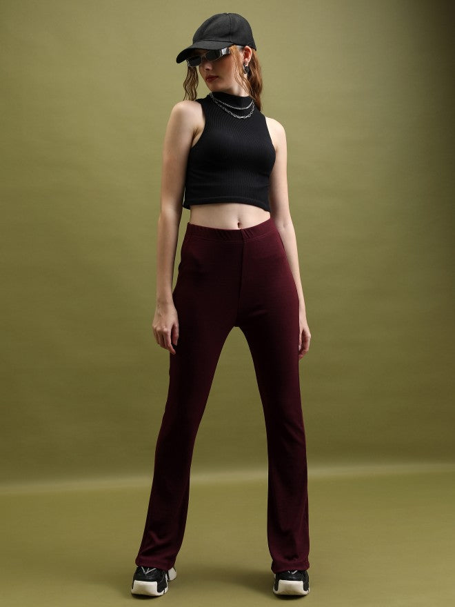 Tokyo Talkies Women Maroon Solid Flared Bootcut Trousers - Maroon - Image 2