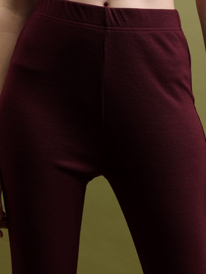 Tokyo Talkies Women Maroon Solid Flared Bootcut Trousers - Maroon - Image 5