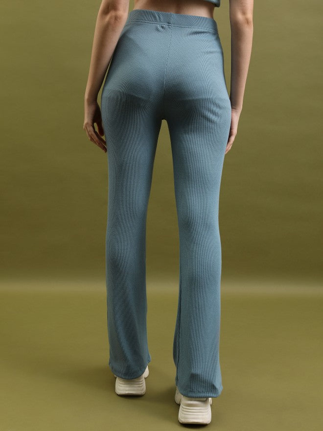 Tokyo Talkies Women Blue Solid Flared Bootcut Trousers - Blue - Image 3