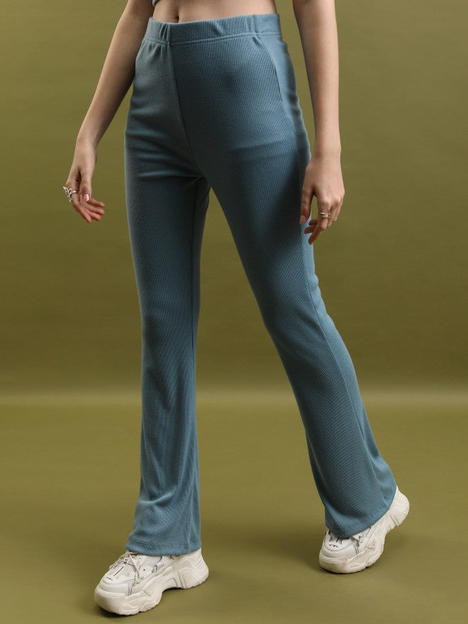 Tokyo Talkies Women Blue Solid Flared Bootcut Trousers - Blue - Image 4