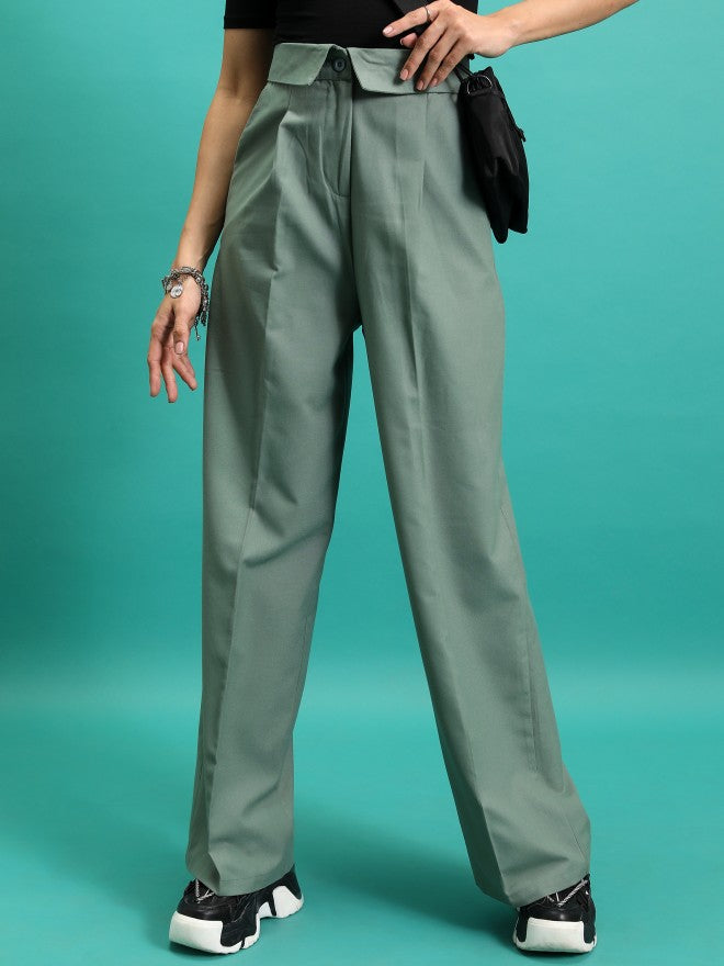Tokyo Talkies Women Green Solid Regular Fit Casual Trouser - Green - Image 1