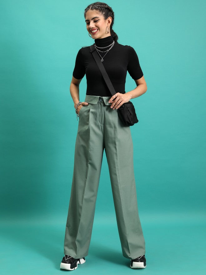 Tokyo Talkies Women Green Solid Regular Fit Casual Trouser - Green - Image 2