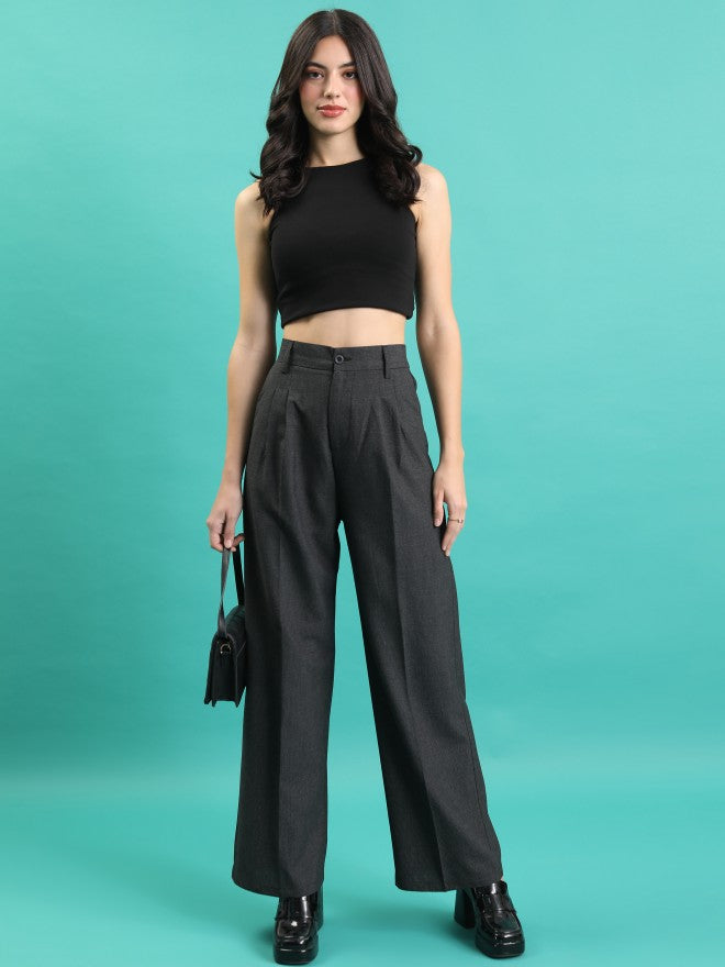 Tokyo Talkies Women Charcoal Solid Wide Leg Casual Trouser - Charcoal - Image 2
