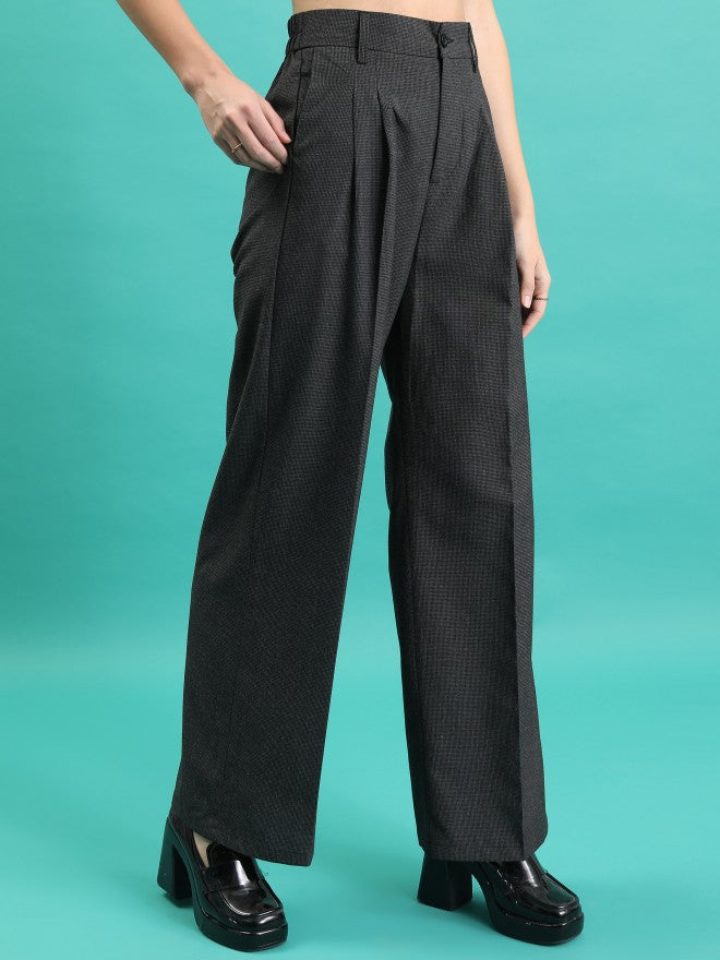 Tokyo Talkies Women Charcoal Solid Wide Leg Casual Trouser - Charcoal - Image 6