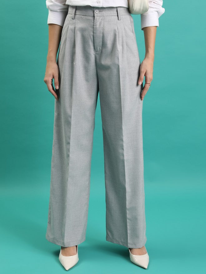 Tokyo Talkies Women Grey Solid Wide Leg Casual Trouser - Grey - Image 1