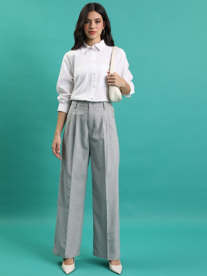 Tokyo Talkies Women Grey Solid Wide Leg Casual Trouser - Grey - Image 2