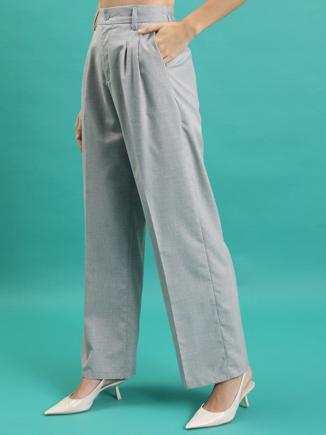 Tokyo Talkies Women Grey Solid Wide Leg Casual Trouser - Grey - Image 4