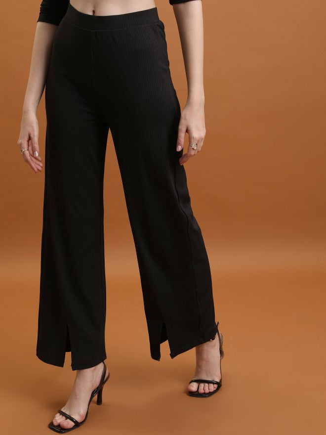 Tokyo Talkies Women Black Solid Flared Casual Trouser - Black - Image 4
