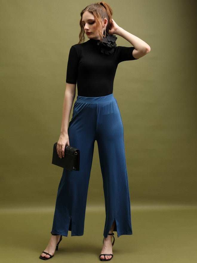 Tokyo Talkies Women Blue Solid Flared Bootcut Trousers - Blue - Image 2