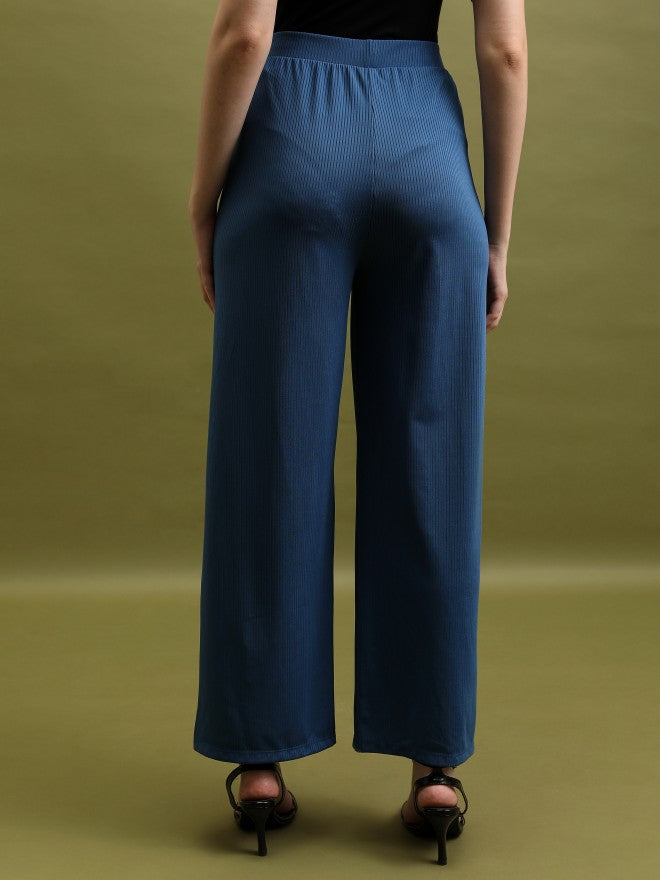 Tokyo Talkies Women Blue Solid Flared Bootcut Trousers - Blue - Image 3