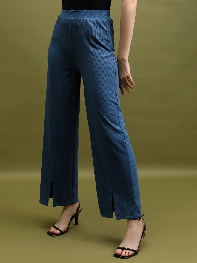 Tokyo Talkies Women Blue Solid Flared Bootcut Trousers - Blue - Image 4