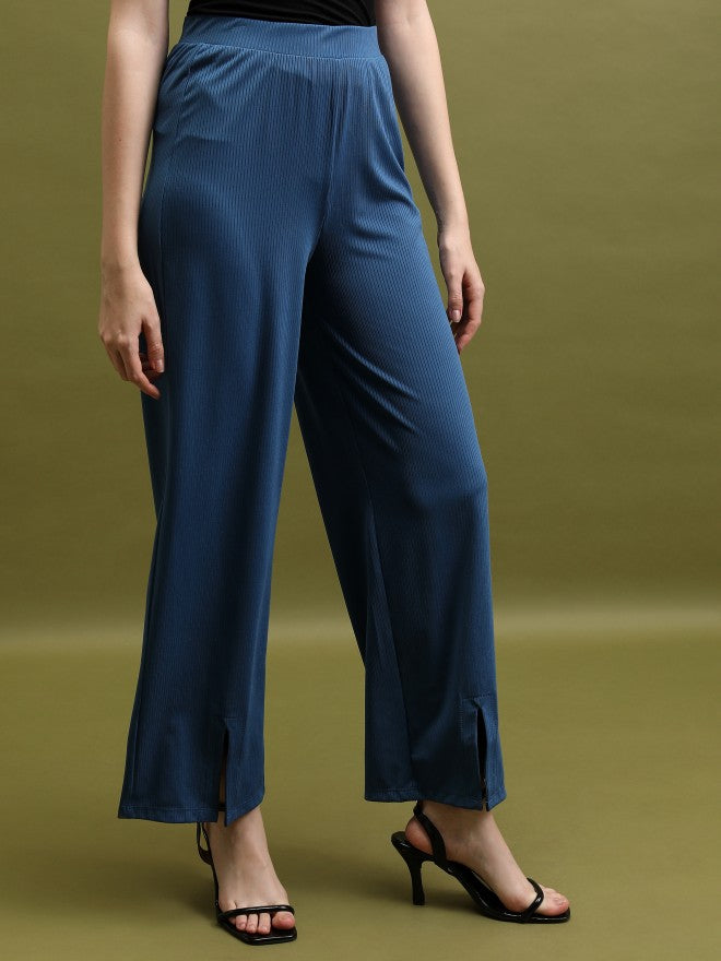 Tokyo Talkies Women Blue Solid Flared Bootcut Trousers - Blue - Image 6