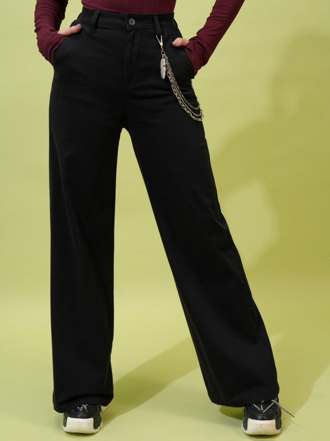 Tokyo Talkies Women Black Solid Straight Fit Casual Trouser - Black - Image 1