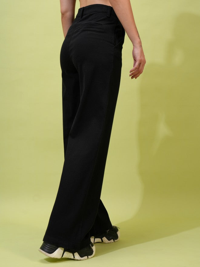 Tokyo Talkies Women Black Solid Straight Fit Casual Trouser - Black - Image 3