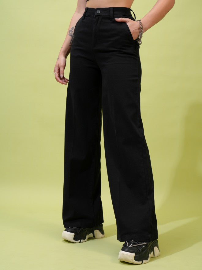 Tokyo Talkies Women Black Solid Straight Fit Casual Trouser - Black - Image 4