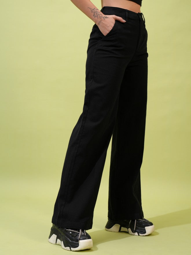 Tokyo Talkies Women Black Solid Straight Fit Casual Trouser - Black - Image 6