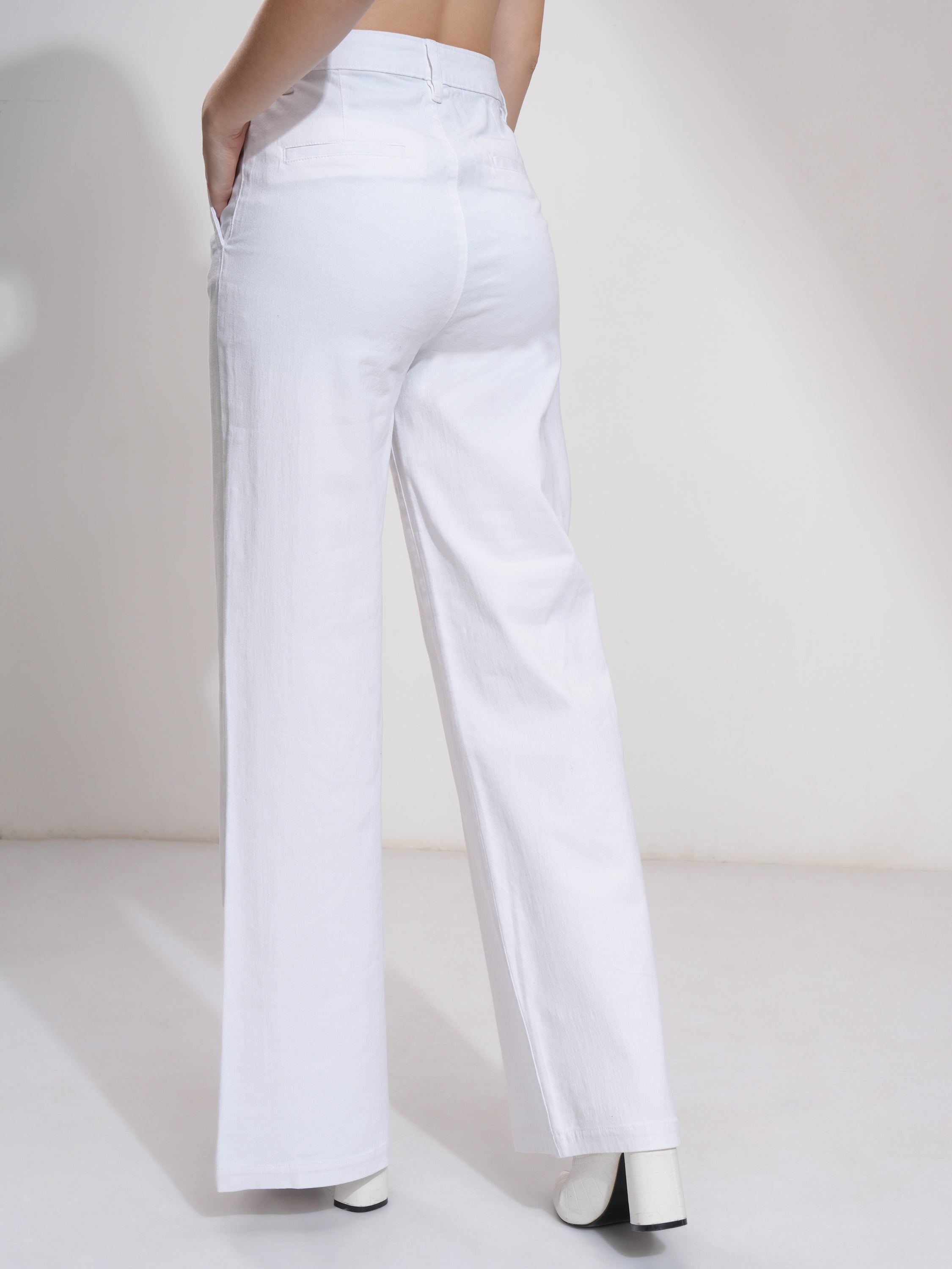 Tokyo Talkies Women White Solid Flared Casual Trouser - White - Image 3