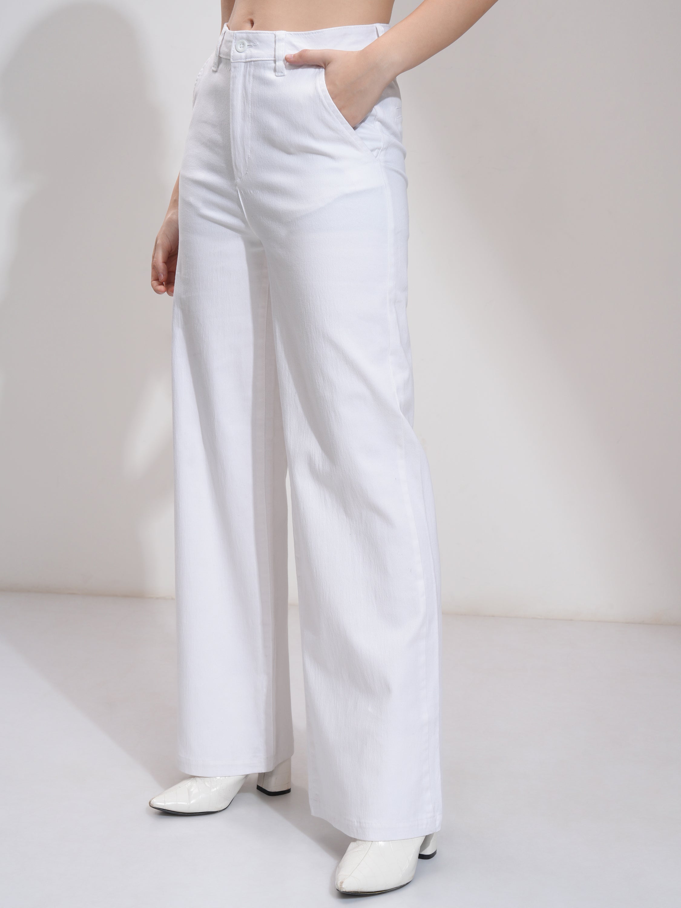 Tokyo Talkies Women White Solid Flared Casual Trouser - White - Image 4