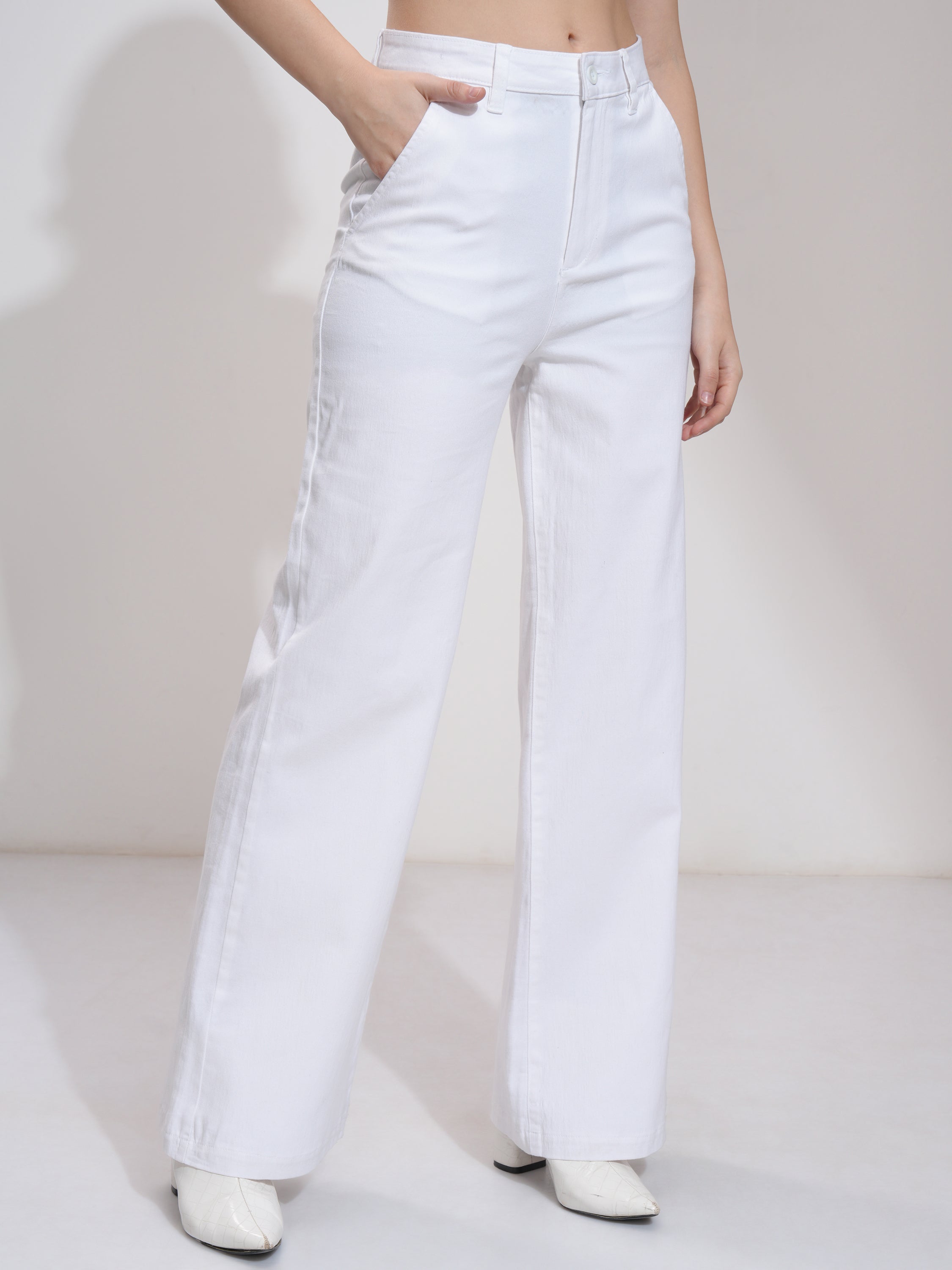 Tokyo Talkies Women White Solid Flared Casual Trouser - White - Image 6