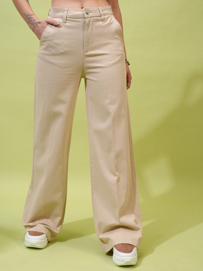 Tokyo Talkies Women Beige Solid Loose Fit Casual Trousers - Beige - Image 1