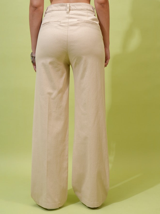 Tokyo Talkies Women Beige Solid Loose Fit Casual Trousers - Beige - Image 3