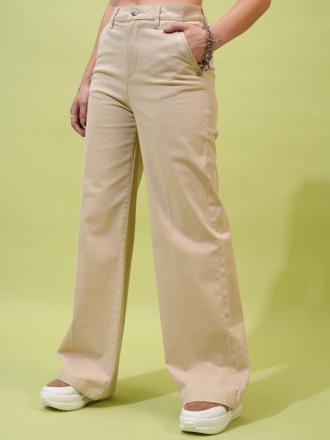 Tokyo Talkies Women Beige Solid Loose Fit Casual Trousers - Beige - Image 4