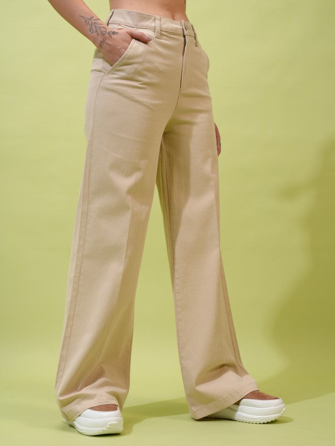 Tokyo Talkies Women Beige Solid Loose Fit Casual Trousers - Beige - Image 6