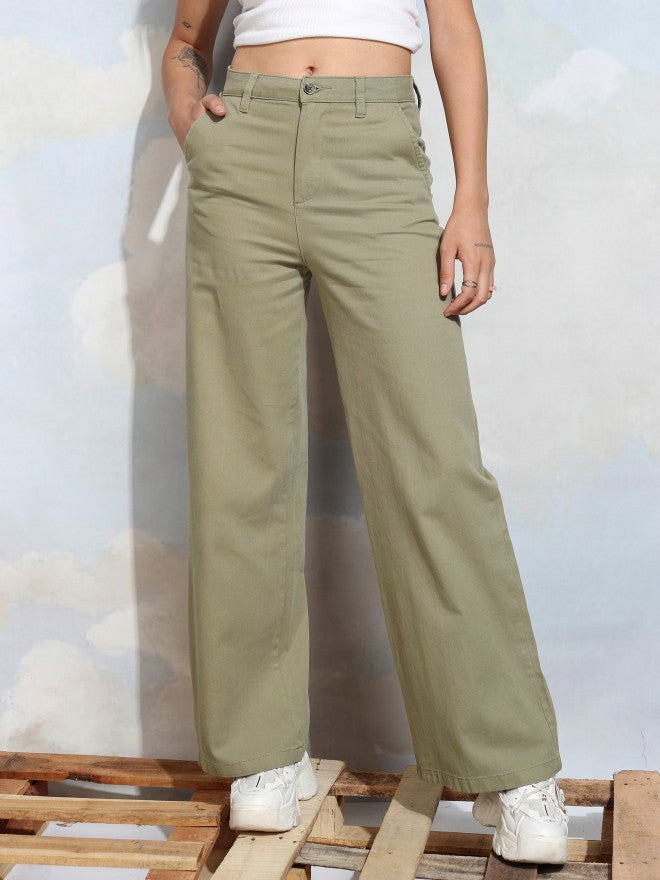 Tokyo Talkies Women Green Solid Flared Casual Trouser - Green - Image 1