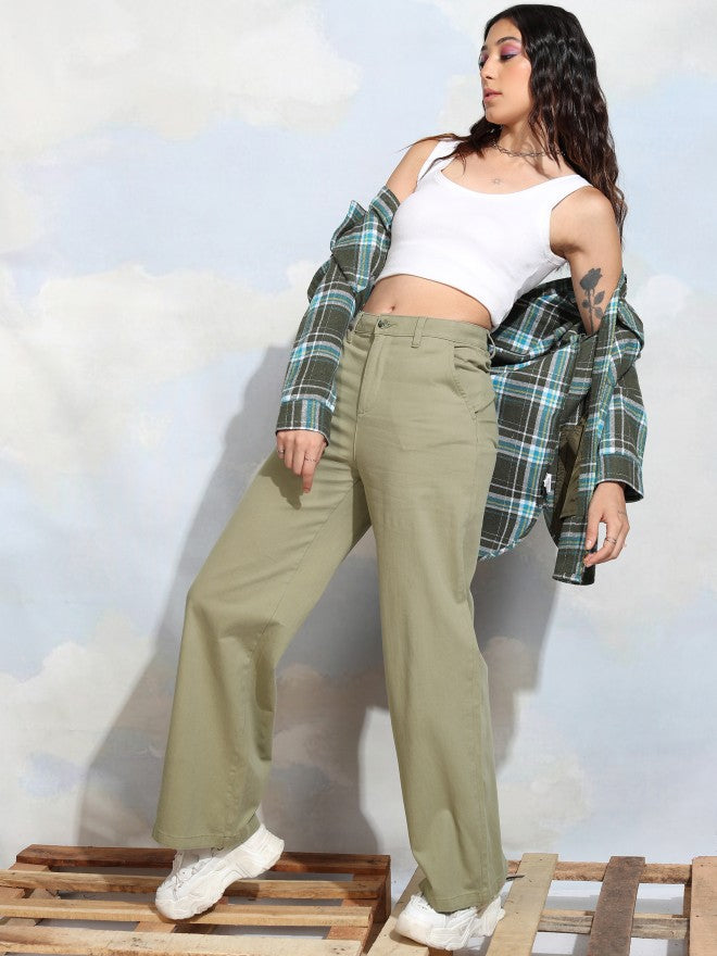 Tokyo Talkies Women Green Solid Flared Casual Trouser - Green - Image 2