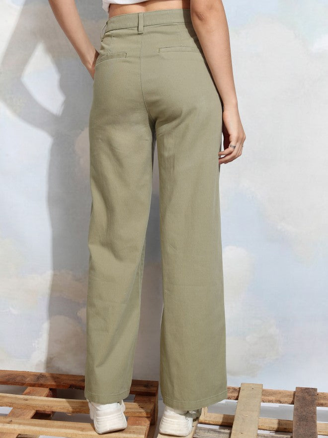 Tokyo Talkies Women Green Solid Flared Casual Trouser - Green - Image 3