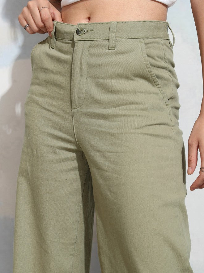 Tokyo Talkies Women Green Solid Flared Casual Trouser - Green - Image 5