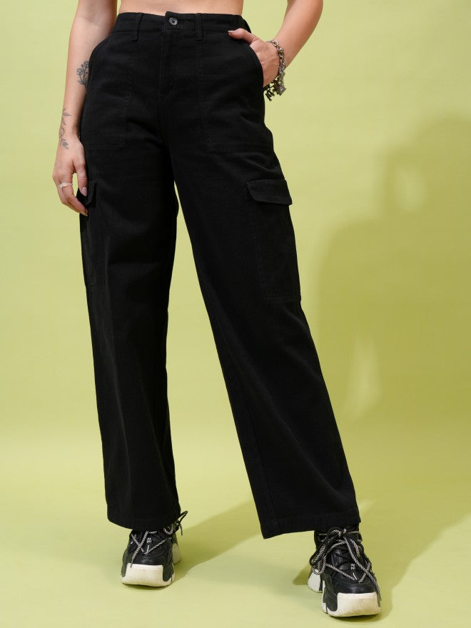 Tokyo Talkies Women Black Solid Flared Cargos - Black - Image 1