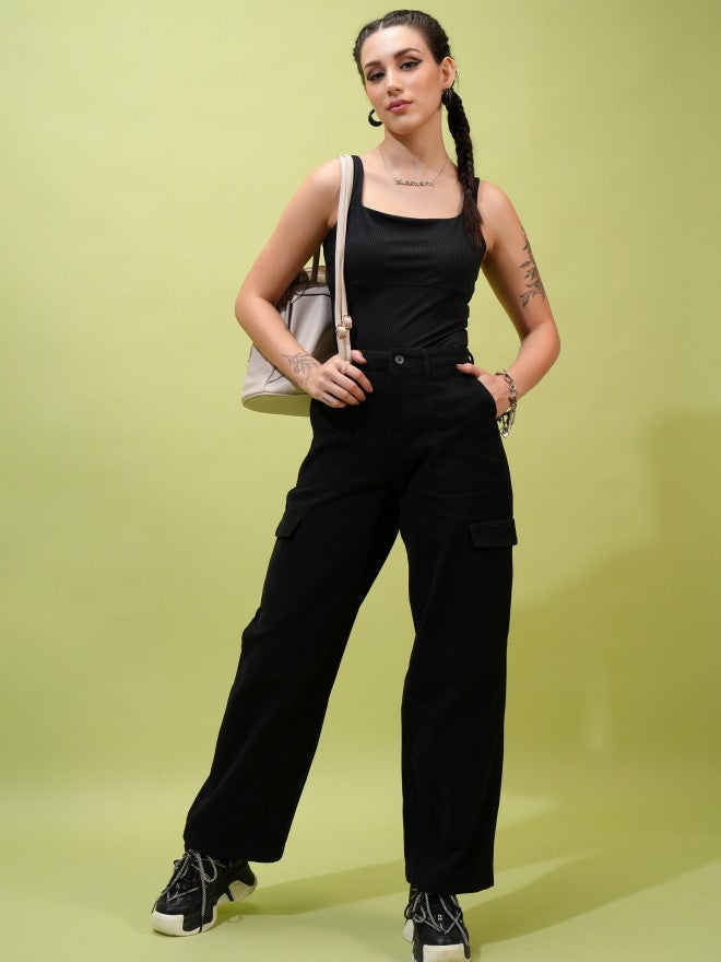 Tokyo Talkies Women Black Solid Flared Cargos - Black - Image 2