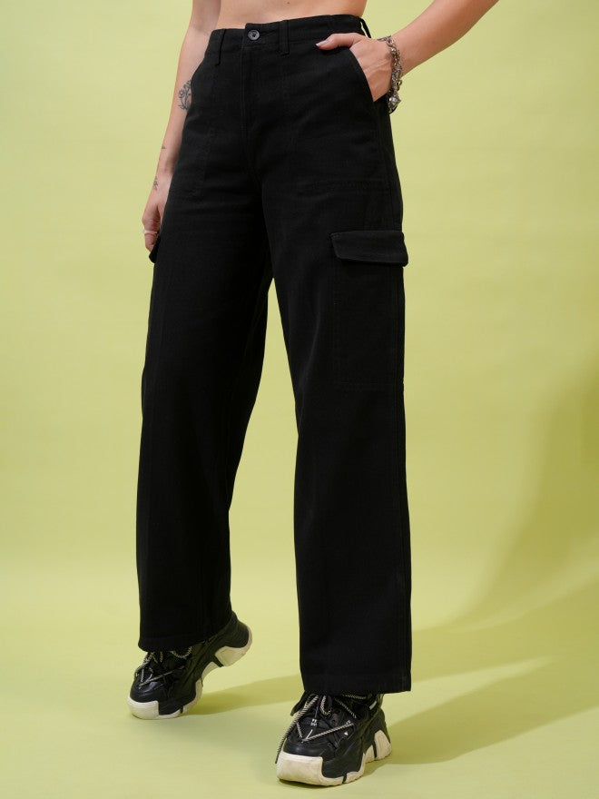 Tokyo Talkies Women Black Solid Flared Cargos - Black - Image 4