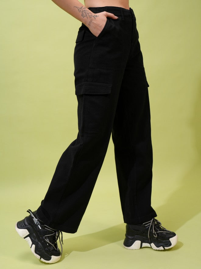 Tokyo Talkies Women Black Solid Flared Cargos - Black - Image 6