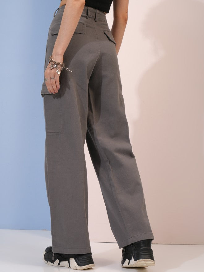 Tokyo Talkies Women Grey Solid Flared Cargos - Grey - Image 3