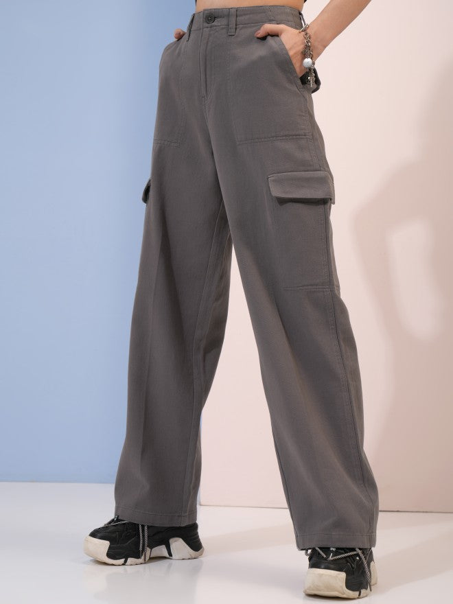 Tokyo Talkies Women Grey Solid Flared Cargos - Grey - Image 4