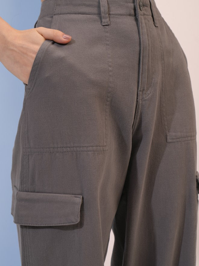 Tokyo Talkies Women Grey Solid Flared Cargos - Grey - Image 5