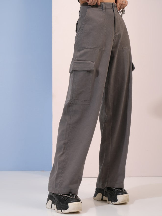 Tokyo Talkies Women Grey Solid Flared Cargos - Grey - Image 6